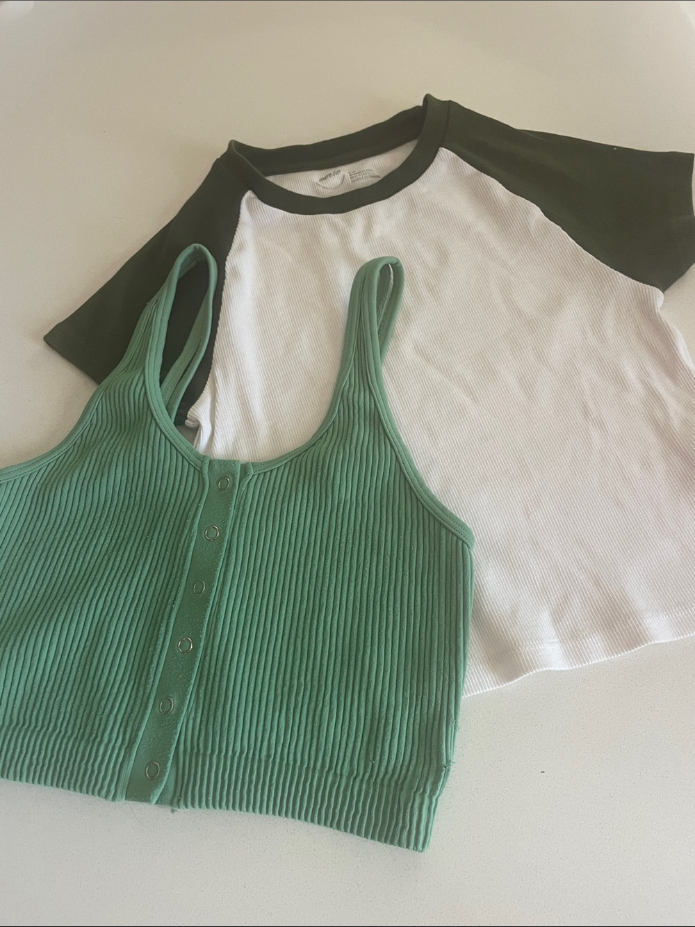 Aerie bundle Green Ribbed Button-Front Crop Tank Top and Raglan Ribbed Crop Top